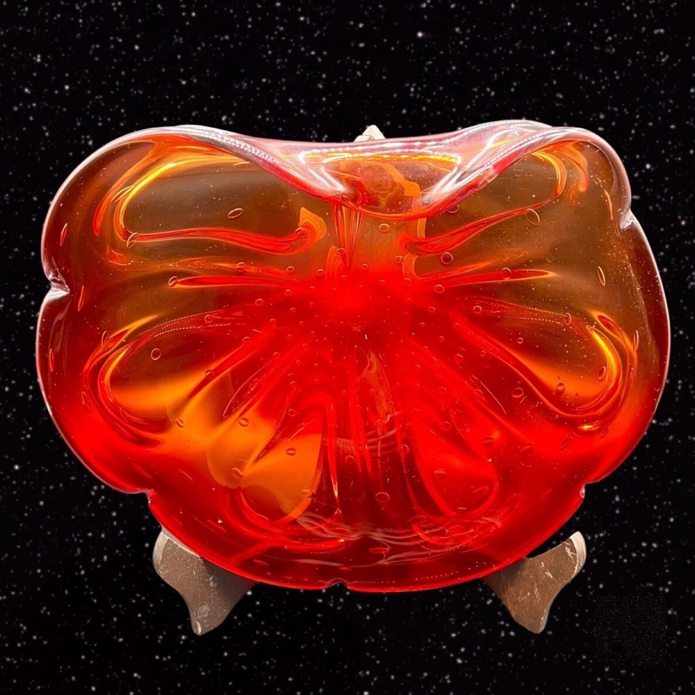 Vintage large murano red bullicante decorative glass bowl